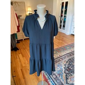 MSK Petite Black Tiered Babydoll Dress Ruffle Neck Puff Sleeve PL RN 90714